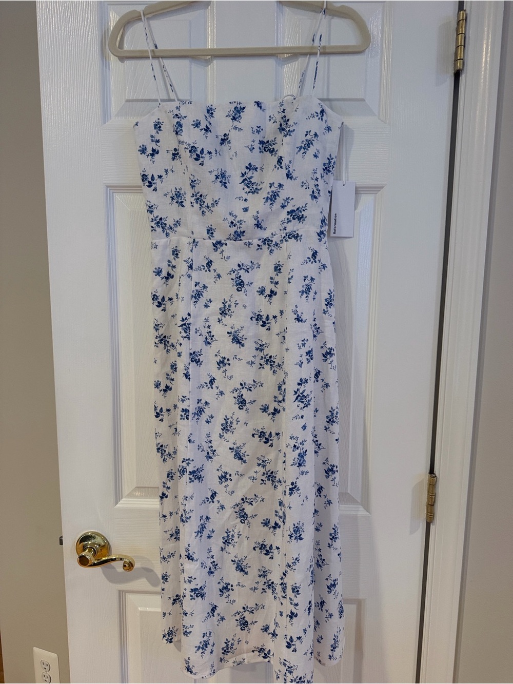 Reformation Christen Dress White Midi Dress with Blue Floral Print